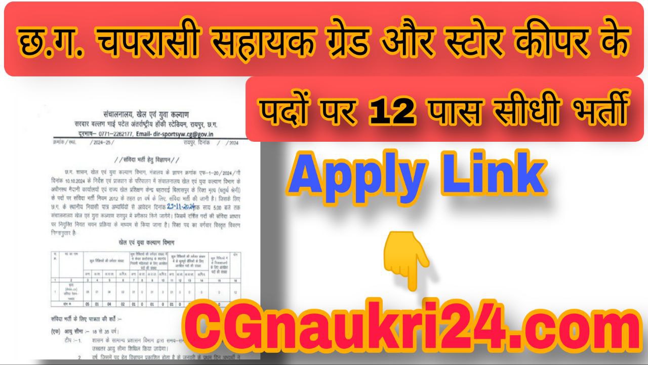 CG Chaprasi Vacancy 2024 : छ.ग. चपरासी सहायक ग्रेड और स्टोर कीपर के पदों पर सीधी भर्ती 